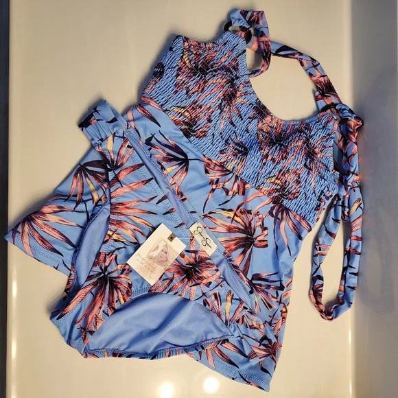 JESSICA SIMPSON Smocked Tankini Swim Top & Matching Bikini Bottom Botanical XL - Picture 4 of 16